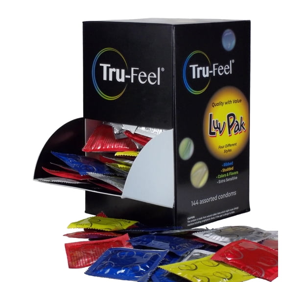 Tru-Feel Luv Pak Latex Condoms Bulk 144 Count Variety Pack Assortment of Condoms Ribbed, Studded, Extra Sensitive, and Colored & Flavored