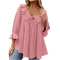 thumbnail image 2 of iHengLiXing Spring Tops for Womens Dressy Casual Women's Short Sleeved V-neck Top/shirt Women's Casual Shirt 3/4 Sleeved V-neck Ruffled Top Business Women's 2024 Summer Fashion Work Shirt Pink XL, 2 of 6