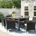 thumbnail image 2 of Lacoo 7 Pieces Outdoor Patio Dining Set with PE Rattan Wicker Dining Table and Chairs Acacia Wood Tabletop, Curved Wood Armrest Chairs with Cushions, 2 of 8