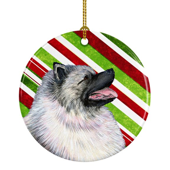 Keeshond Candy Cane Holiday Christmas Ceramic Ornament SS4557