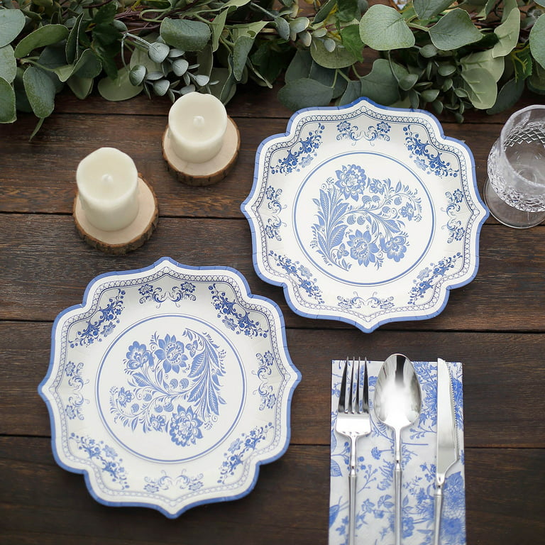 10 Pack White Blue Vintage Rim Hard Plastic Dessert Plates Embossed  Scalloped Edges, Round Disposable Appetizer Salad Plates - 7