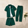 thumbnail image 2 of Eryao Big and Tall Matching Beach Set Men 3 Piece Waffle Knit Short Sleeve Button Down Shirts Matching Pants and Shorts with Pockets Casual Color Block Lounge Sets,Army Green,S, 2 of 6