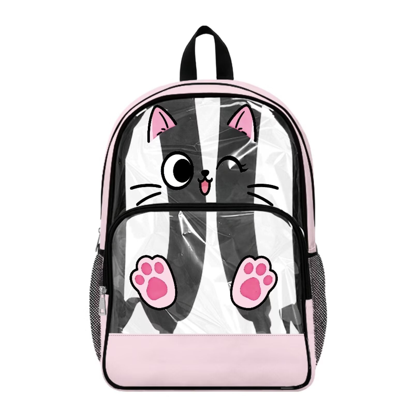 Renewold Laptop Backpack 17 Inch Wide Shoulder Straps Clear Backpack Large Capacity PVC Bookbag for Boys Girls Teen Shoulder Bag for School Travel Work Gym Pink Cat Print