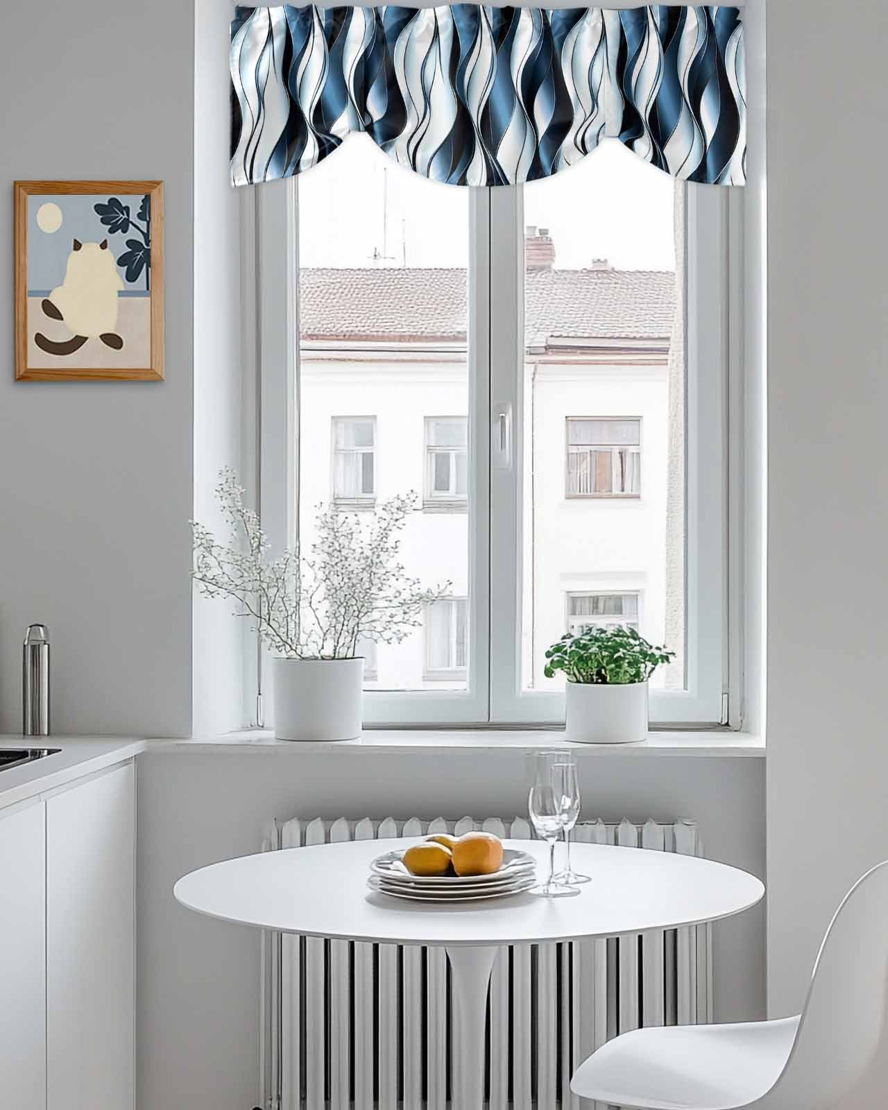 Steel Blue Gradient Line Tie Up Valances Curtain, Adjustable Kitchen Abstract Twist Valances for Windows Decor, Rod Pocket Short Curtains Set for Bedroom/Bathroom, 60"x18"