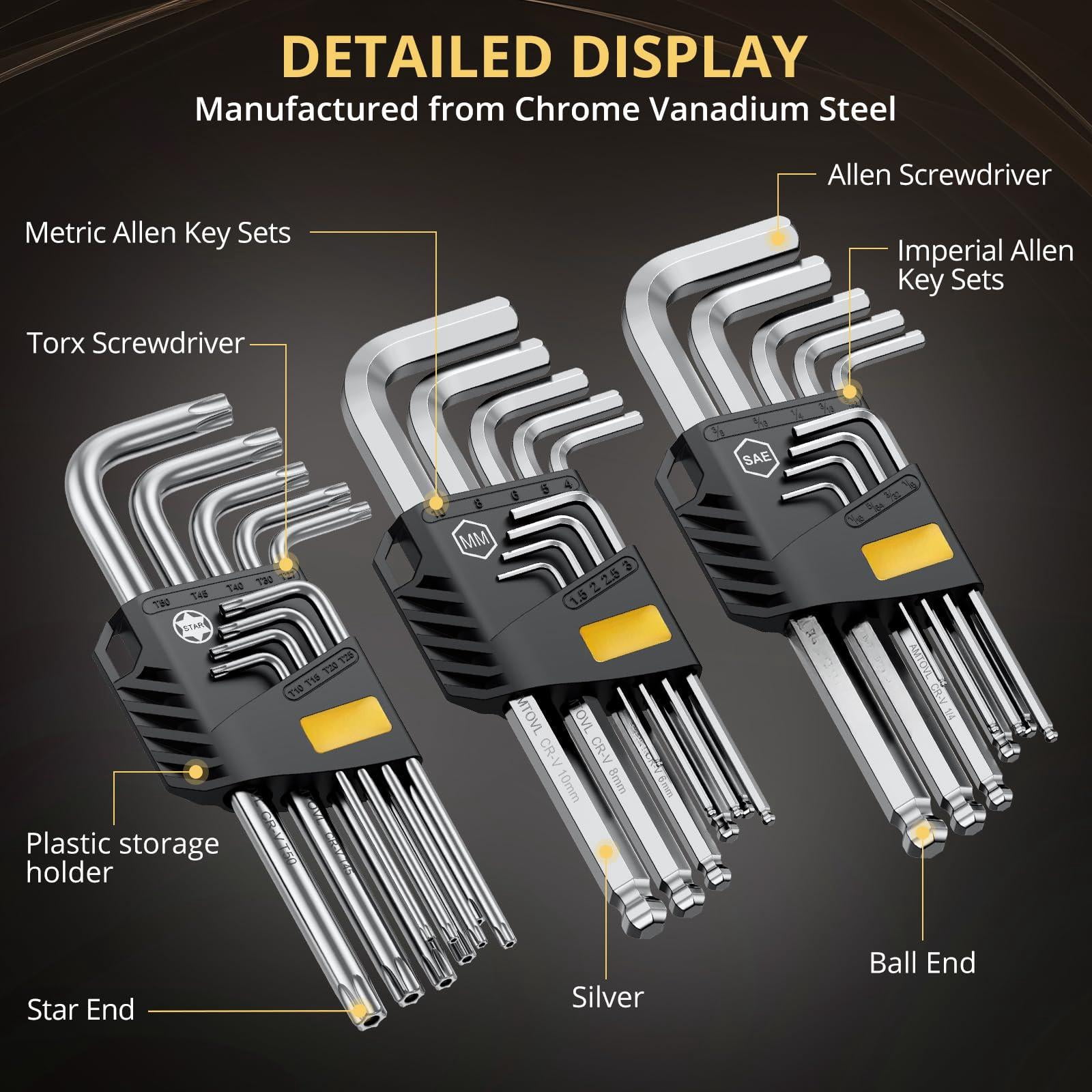 27pcs Allen Key Set - Metric & Sae Wrench  Extra Long Ball Star End Hex Keys With T-handle Color Coding For Bicycle Household Diy (sliver-27pcs Wrenches Sets)