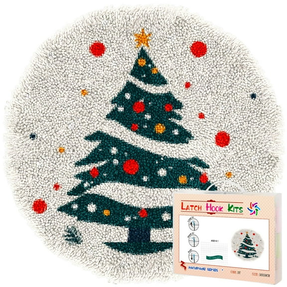 Latch Hook Rug Kit A Merry Christmas Tree Stamped Handmade Round Shape Carpet Crochet Yarn Craft DIY Hook and Latch Door Mat Tapestry for Home Floor Decor 50x50cm