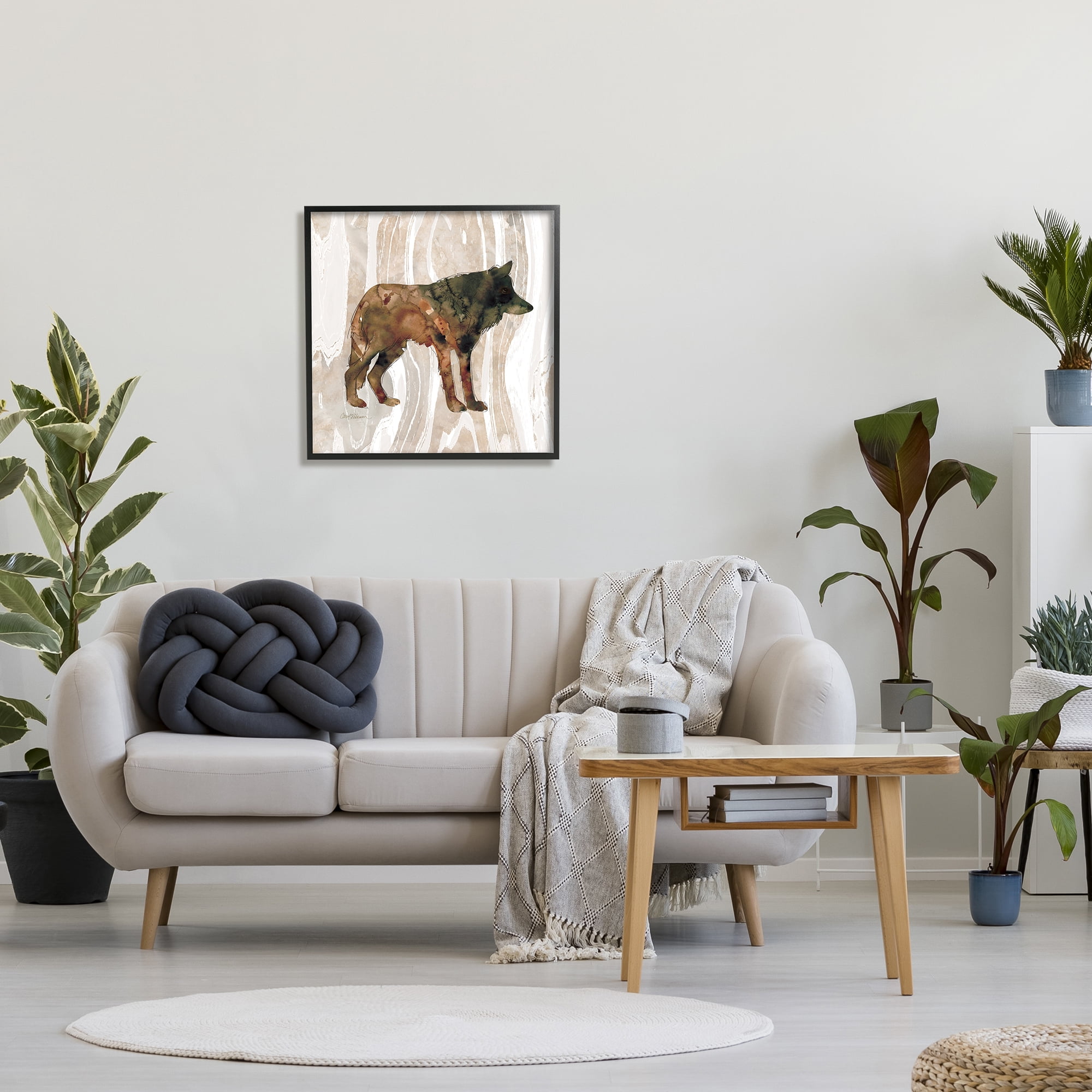 Stupell Industries Woodland Wolf Watercolor Silhouette Rustic Grain Pattern Animals & Insects Painting Black Framed Art Print Wall Art, 24 x 24