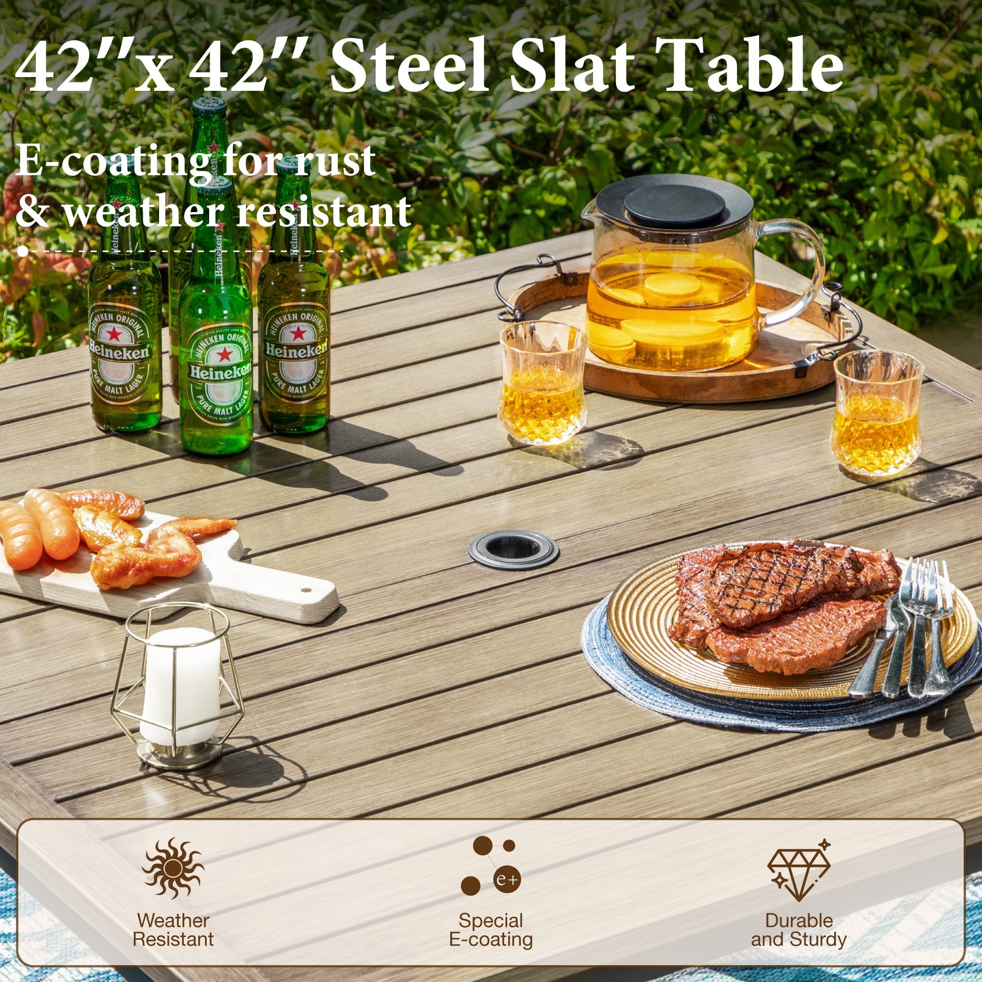 MF Studio 5-Piece Outdoor Dining Set with Wicker Cushioned Chairs & Wood Grain Table, 1.9" Umbrella Hole, Black & Beige
