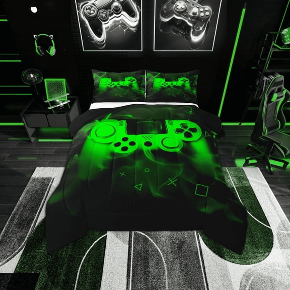 Erosebridal Youth Gaming Bedding Sets Twin with Comforter, Video Game Green Gamepad Duvet Insert, Gamer Bedroom Decor, Reversible 2 Pieces