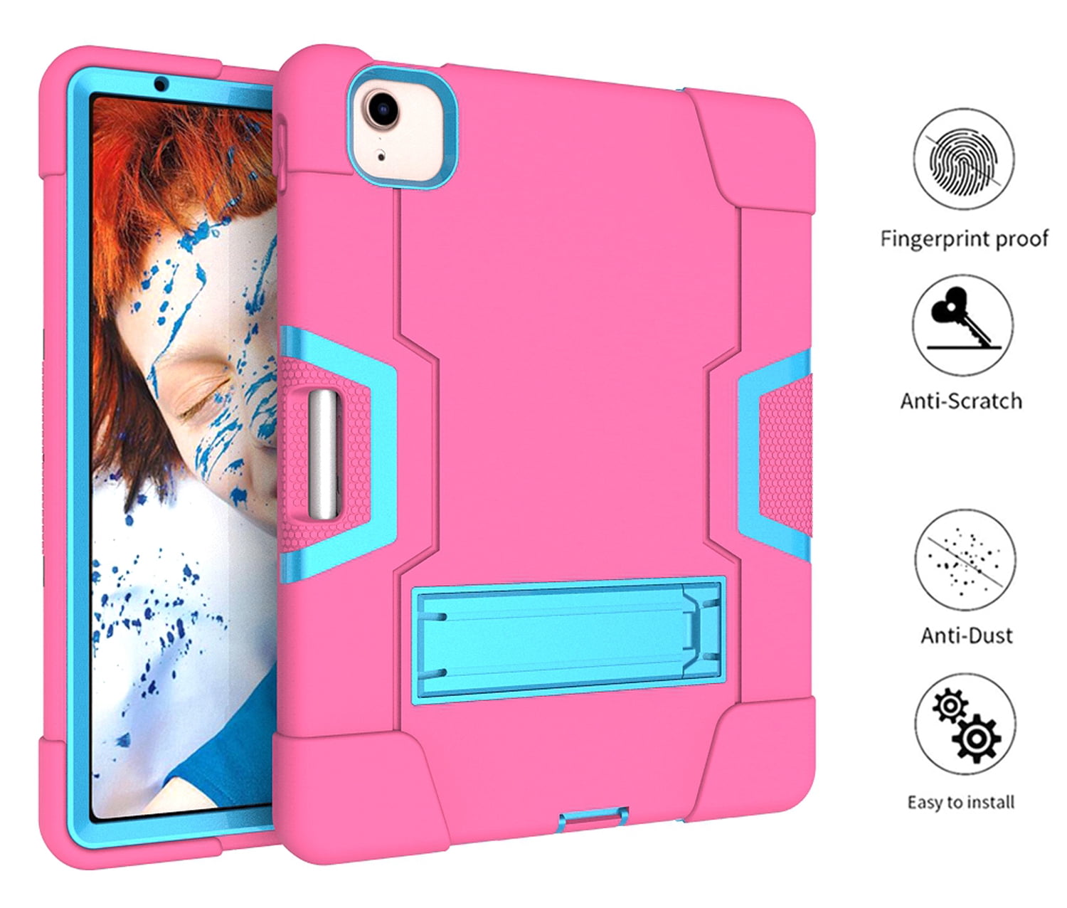 Allytech iPad Air 5 Case 2022, iPad Air 4 Case 2020, Heavy Duty Protection Shockproof Build In Kickstand Pencil Holder Kids Friendly Case for Apple iPad Air 5th 4th Generation, BlackRose/Blue