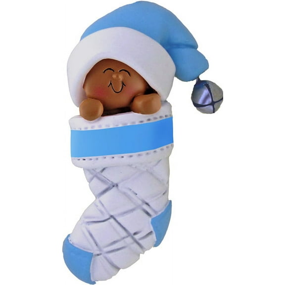 Baby in Stocking Blue African-American Personalized  Christmas Ornament DO-IT-YOURSELF