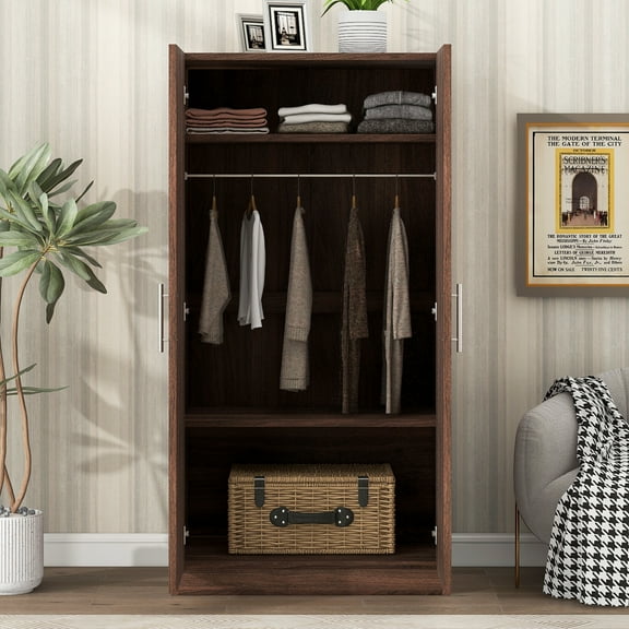 EUROCO Modern 67.3” Armoire Wardrobe, 2 Door Cabinet Storage Closet with Clothing Rod and Shelves, 3-Tier Shelf, Espresso