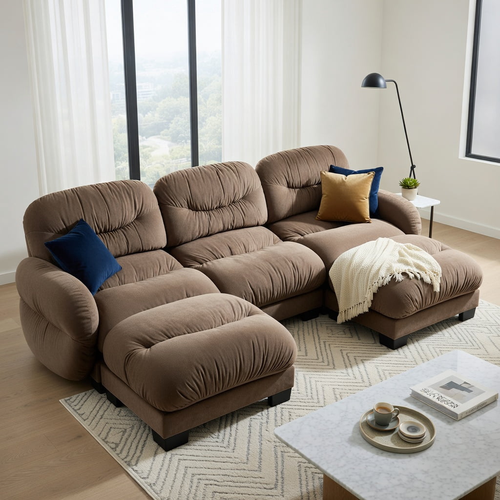 Hommoo Chenille U-Shape Modular Sectional Sofa with Pleated Back, Ergonomic High-Density Foam Cushions, 3-Seater + 2 Ottomans + 2 Round Throw Pillows, Brown