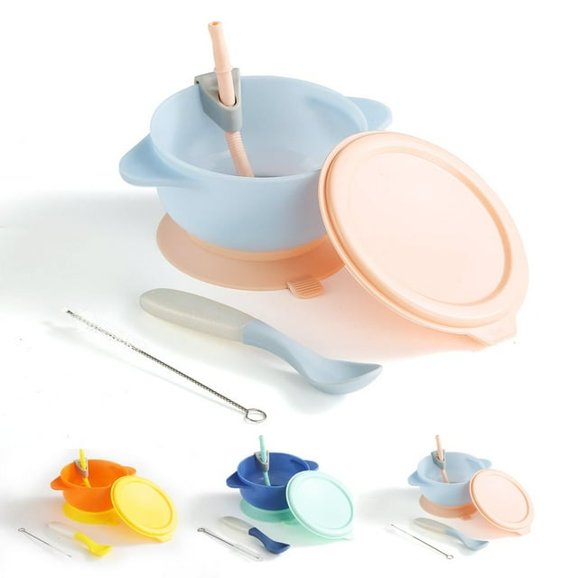 Baby Bowls Silicone Suction Bowls For Baby With Straw And Spoons Feeding for Toddler Plates and Bowls Set 4 Pcs (Dark Blue)