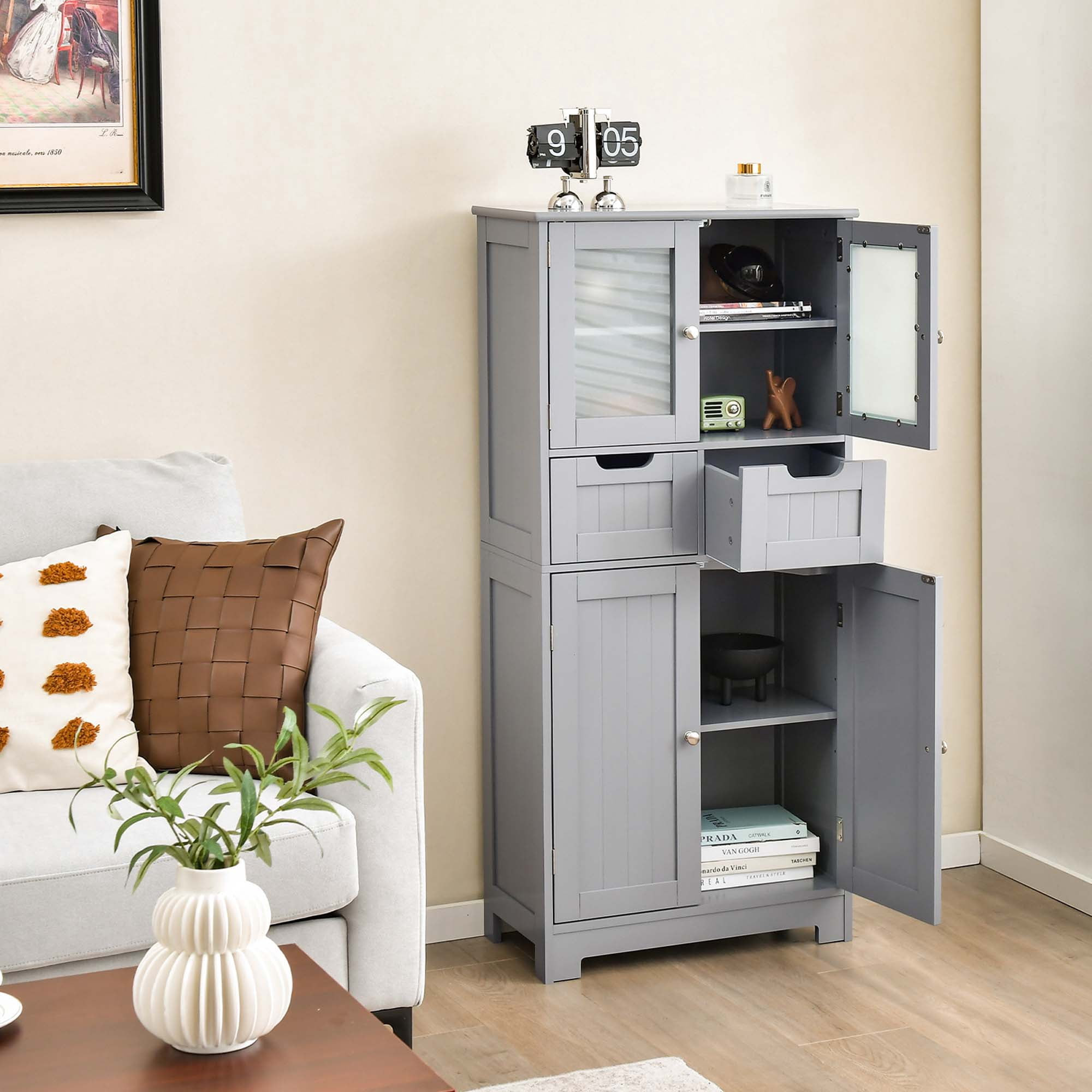 Costway Bathroom Floor Storage Cabinet Kitchen Cupboard with 2 Drawers & Glass Doors Gray