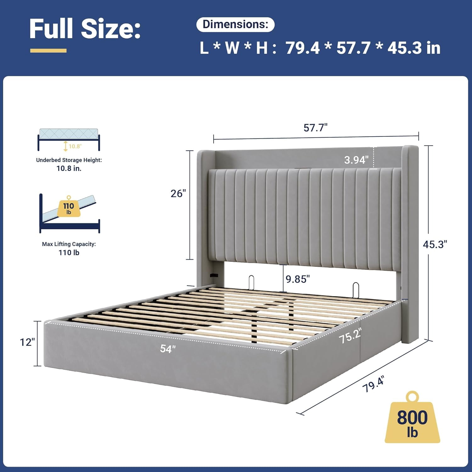 Allewie Full Size Lift Up Storage Bed Frame, Storage Shelf Headboard with Charging Station, Type-C and USB Ports, Hydraulic Support, Velvet Upholstered Bed Frame, No Box Spring Needed, Gray