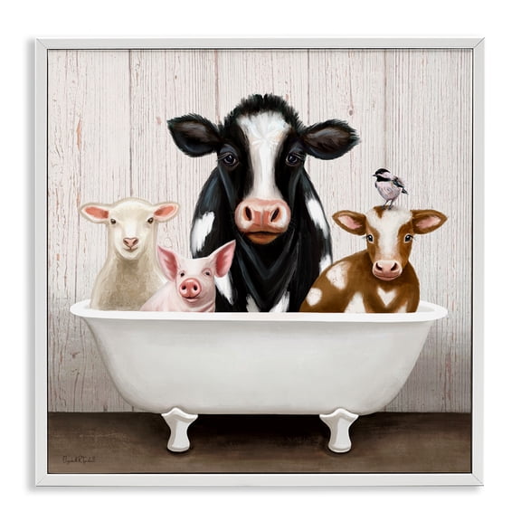 Country Animals Farmhouse Claw Bathtub White Framed Giclee Art, 24 x 24, Made In USA