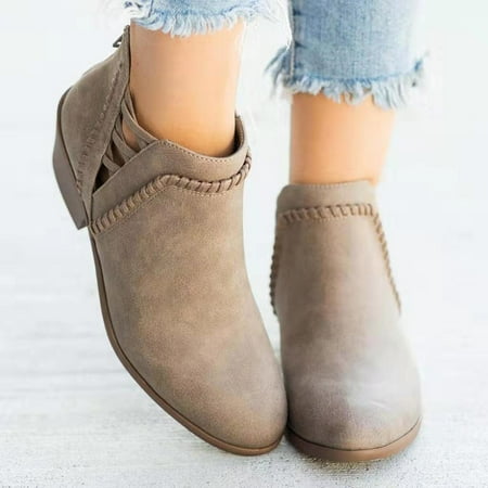 

symoid Womens Booties and Ankle Boots- V Cutout Low Tube Solid Sleeve Heel Back Zipper Retro Ankle Boots Khaki 36