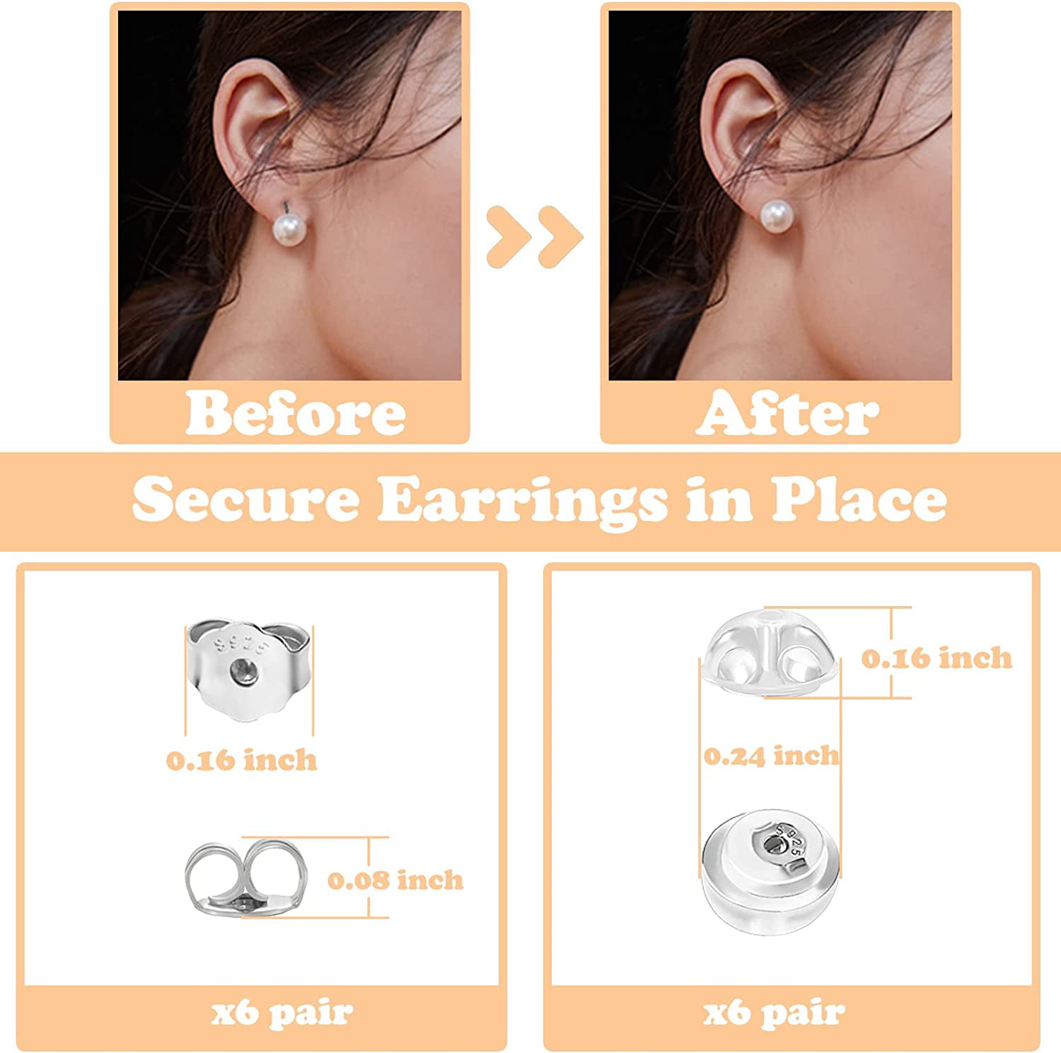 12pcs/Set Silver Earring Back Replacements, Hypoallergenic Earring