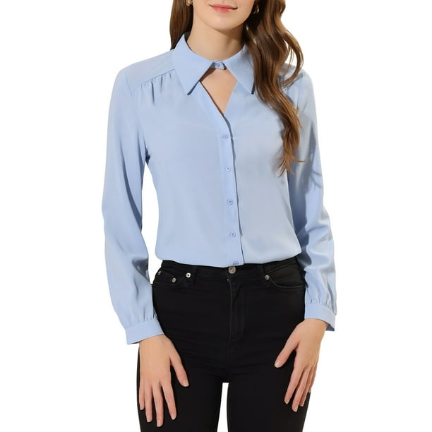 Blusa de cuello choker para mujer Inspire Chic de manga larga, con cuello vuelto, camisa de trabajo, talla L, azul
