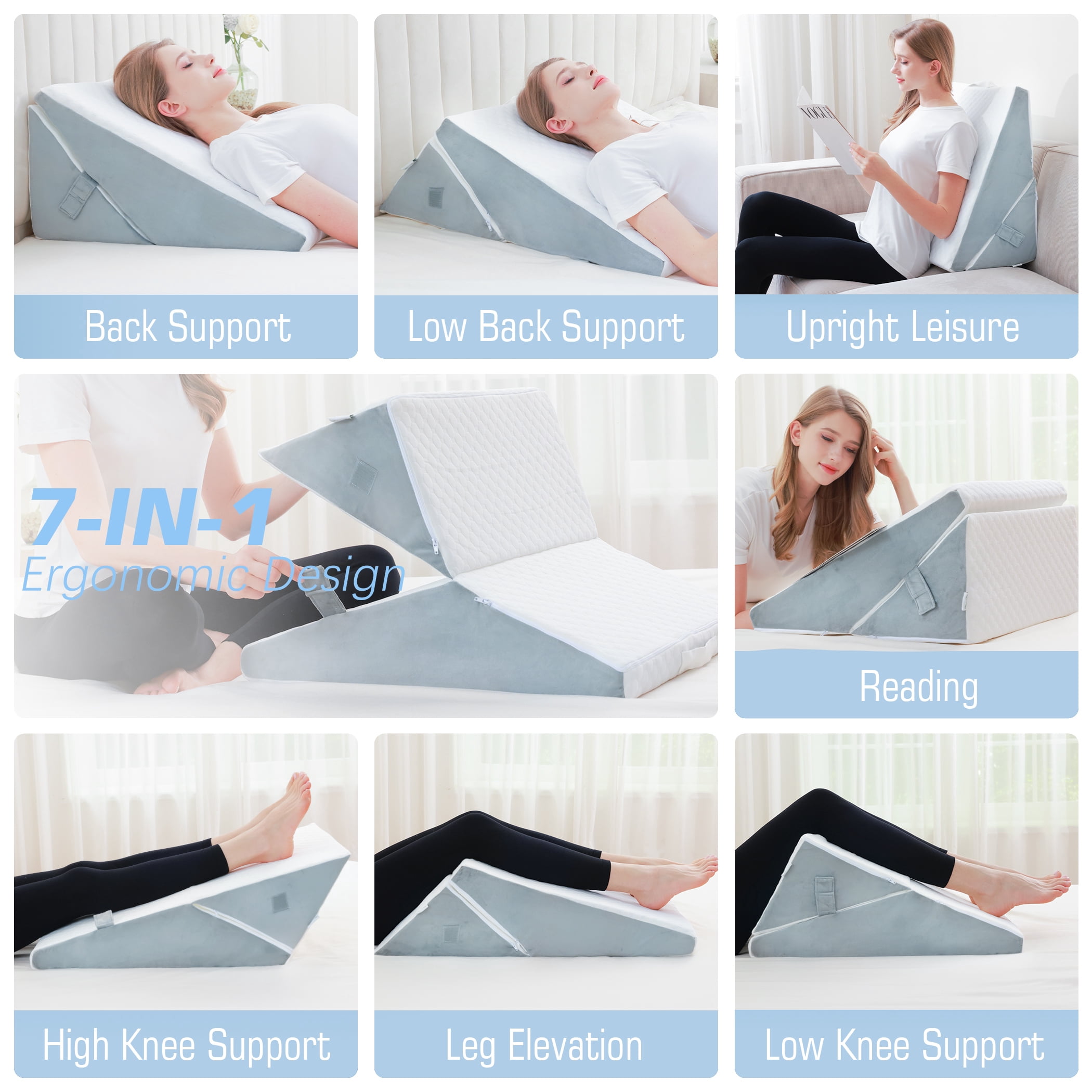 Flyxunfri Adjustable Bed Wedge Pillow for Sleep Apnea, 7-in-1 Body Positioner with Memory Foam, Acid Reflux Pillow, Anti-Snore, Back Pain Relief, Post-Surgery