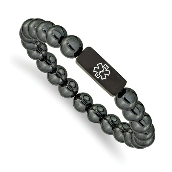 Primal Steel Stainless Steel Brushed Black IP-plated Medical ID Hematite Bead Stretch Bracelet