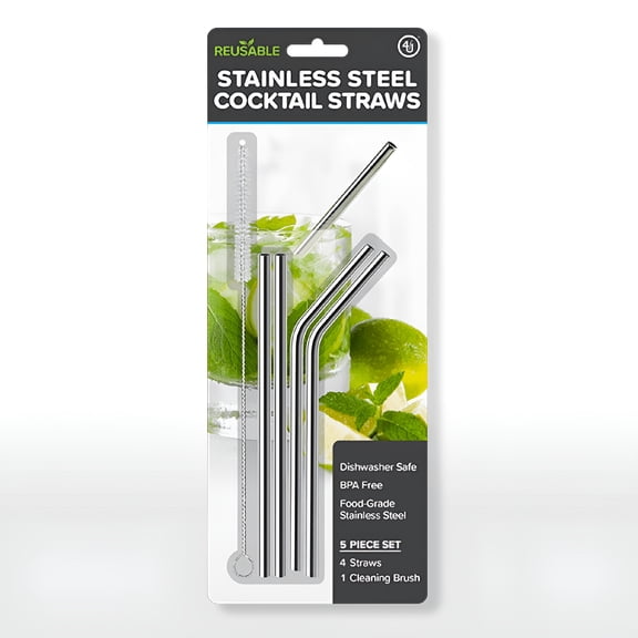 ACDANC Reusable Stainless Steel Cocktail Straws   Cleaning Brush,Metal Straws Reusable,Silver,6 Inches,4 Pack