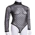 thumbnail image 2 of Combinaison en Dentelle à Mailles Transparentes Noire pour Femmes, Haut à Manches Longues, Col Roulé, Justaucorps, 2 of 6