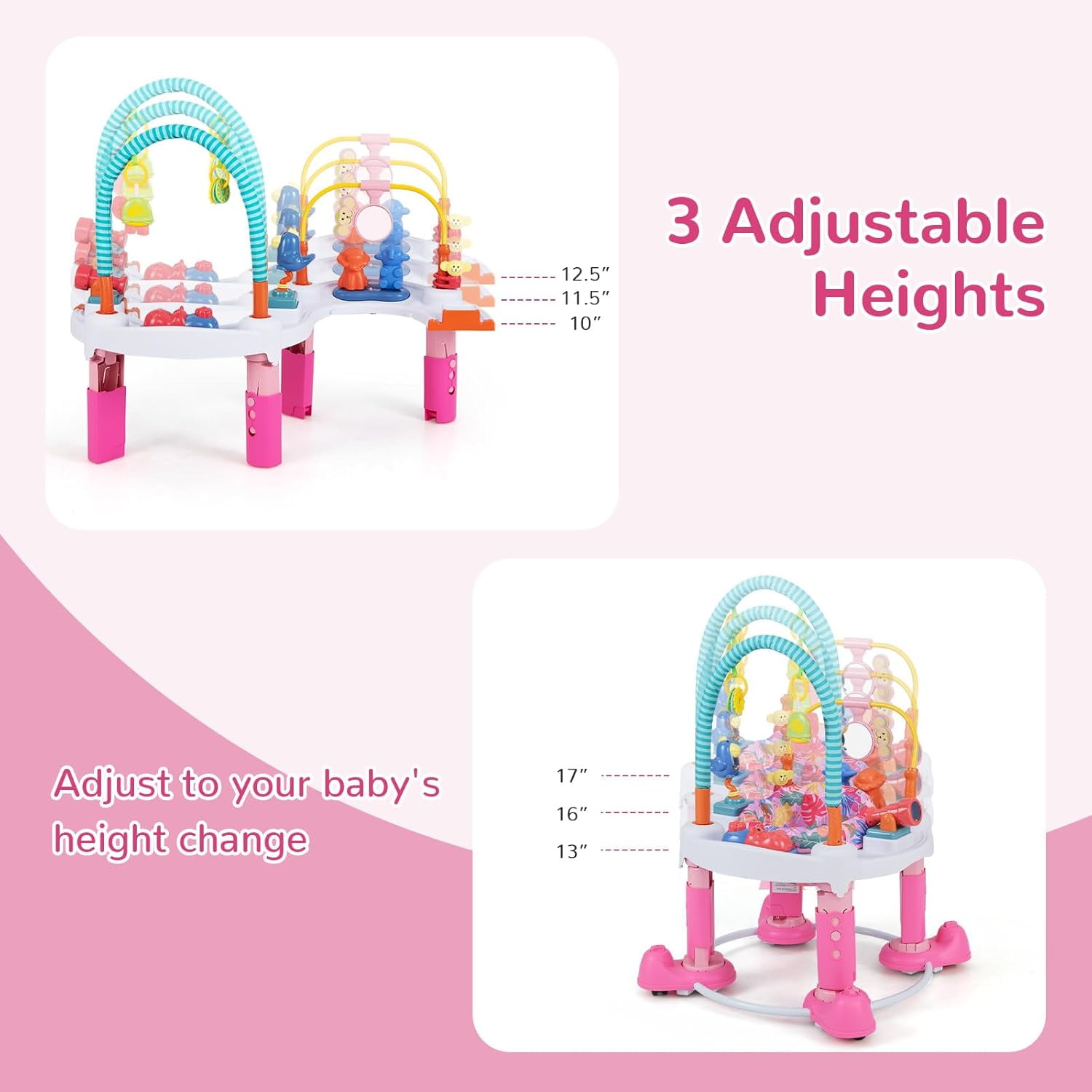 INFANS 5 in 1 Baby Activity Center with 8 Toys, Play Mat, 360°Rotating Seat, Foldable Infant Learning Table with 3 Adjustable Height for 0-24 Months