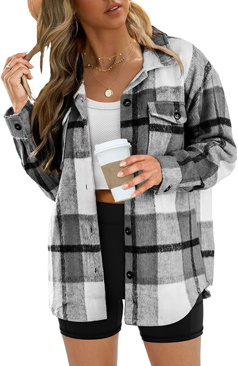 I FAMURAY Womens Casual Plaid Shacket Wool Blend Button Down Long Sleeve  Shirt Fall Jacket Shackets - Walmart.com