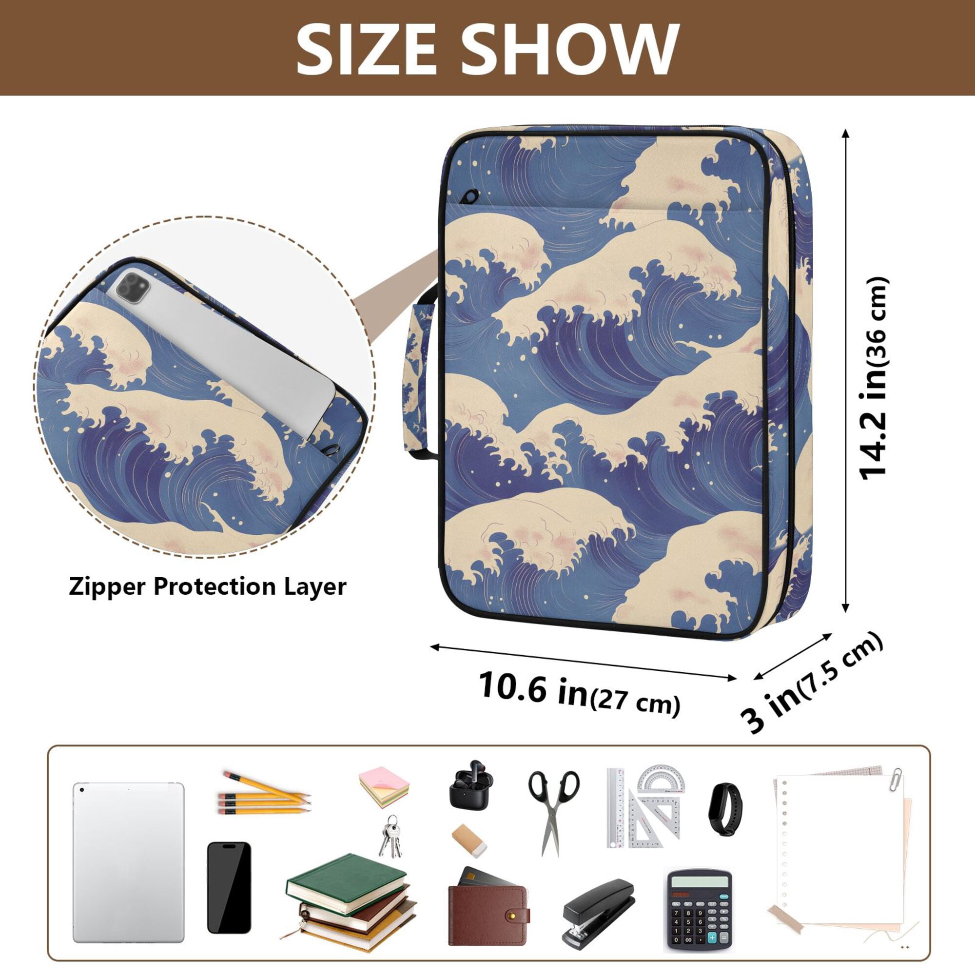 FORMRS Accordion File Folder A4 Size 7-Pocket Expanding Document Organizer Bag with 3 Ring Binder, Blue Wave Pattern