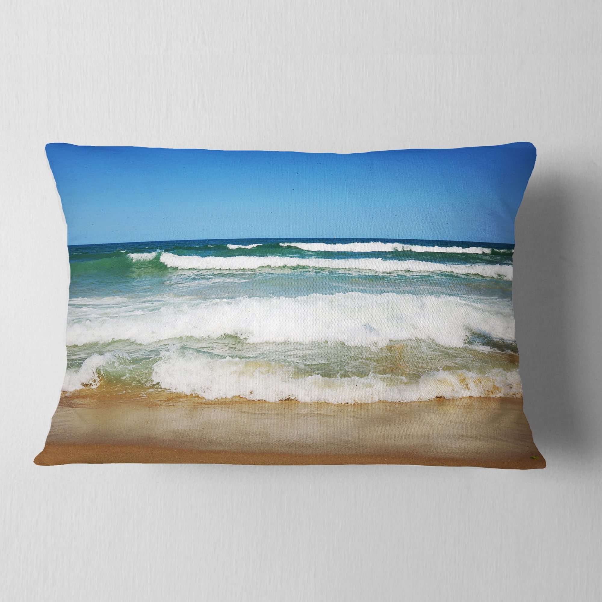 Designart Beautiful Empty Beach under Blue Sky - Seashore Throw Pillow - 12x20