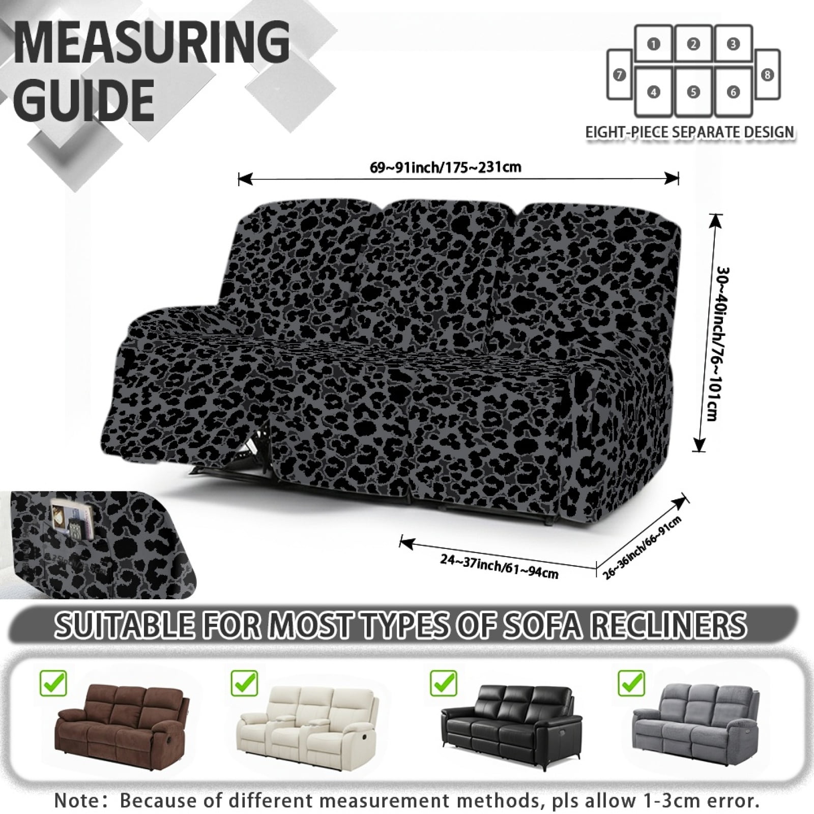 COEQINE Black Leopard Print Recliner Couch Cover Breathable 3 Seater Reclining Chair Slipcover 8 Pieces Non-Slip Recliner Sofa Cover with Pocket and Elastic Bottom for Dogs, Kids