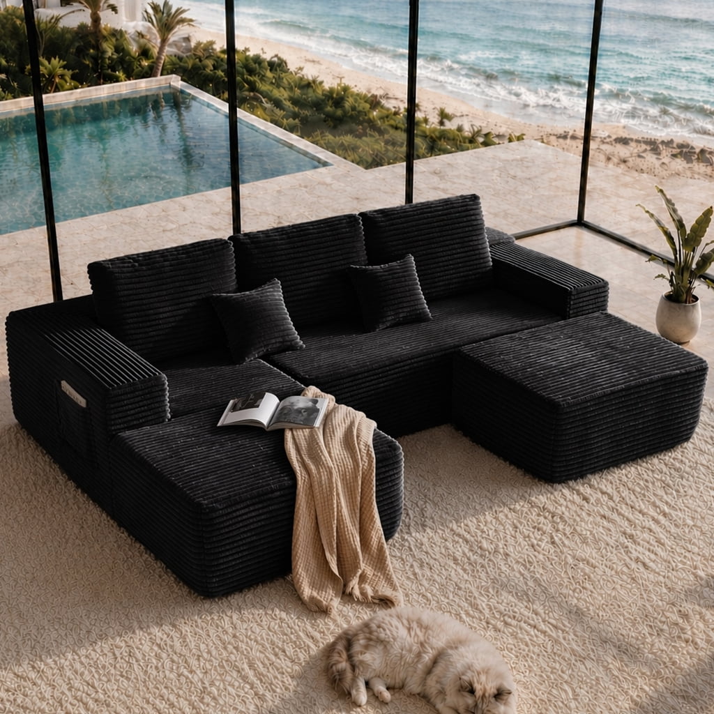 Cloud Sectional Sofa 104 Inch, U-Shape Modular Couch with Side Pockets and Deep Seating, Upholstered Living Room Sofa, No Assembly Required, Black, Left Chaise