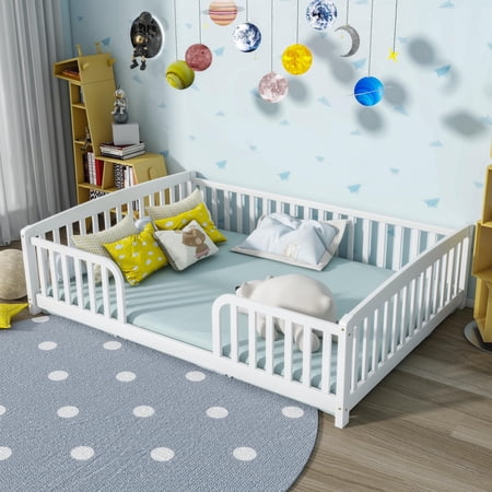 UHOMEPRO Full Kids Floor Bed with Fence Montessori Pine Wood Bed with Rounded Corners and Safety Guardrails Easy Assembly Floor Bed Frame for Kids White