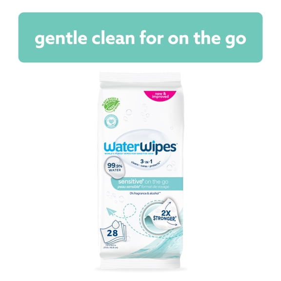 WaterWipes Sensitive On The Go Wipes, 99.9% Water, Unscented & Hypoallergenic, 28 Wipes