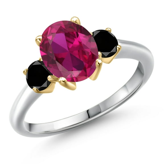 Gem Stone King 925 Silver and 10K Yellow Gold Red Created Ruby and Black Diamond Engagement Ring for Women | 2.54 Cttw | Oval 9X7MM | Gemstone July Birthstone | Size 9