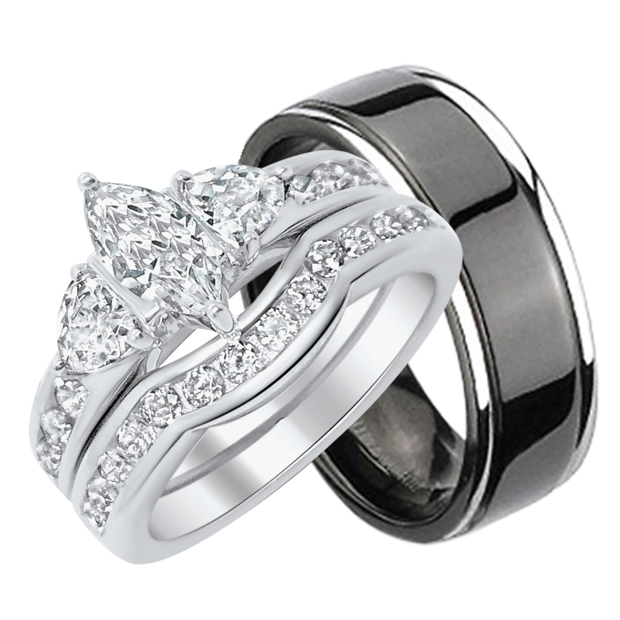His & Hers 3 pcs Womens STERLING SILVER & Mens TITANIUM Wedding rings Bridal set 