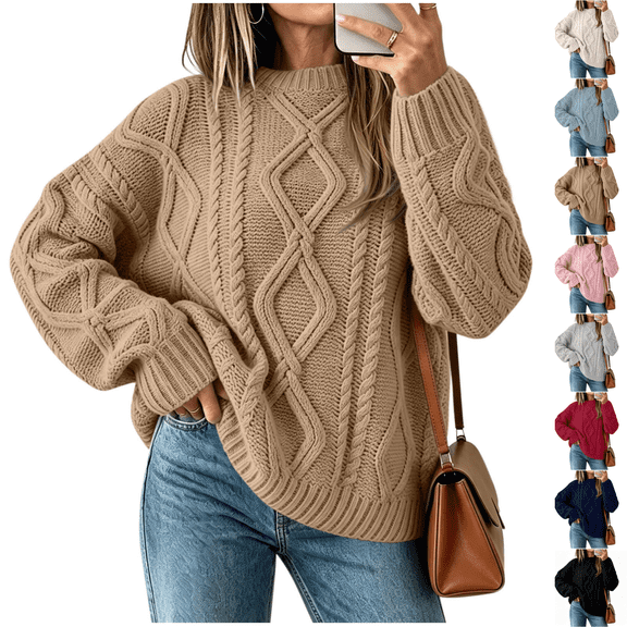 SeekIslan Women's Sweaters with Crew Neck Long Sleeve Cable Knit Loose Pullover