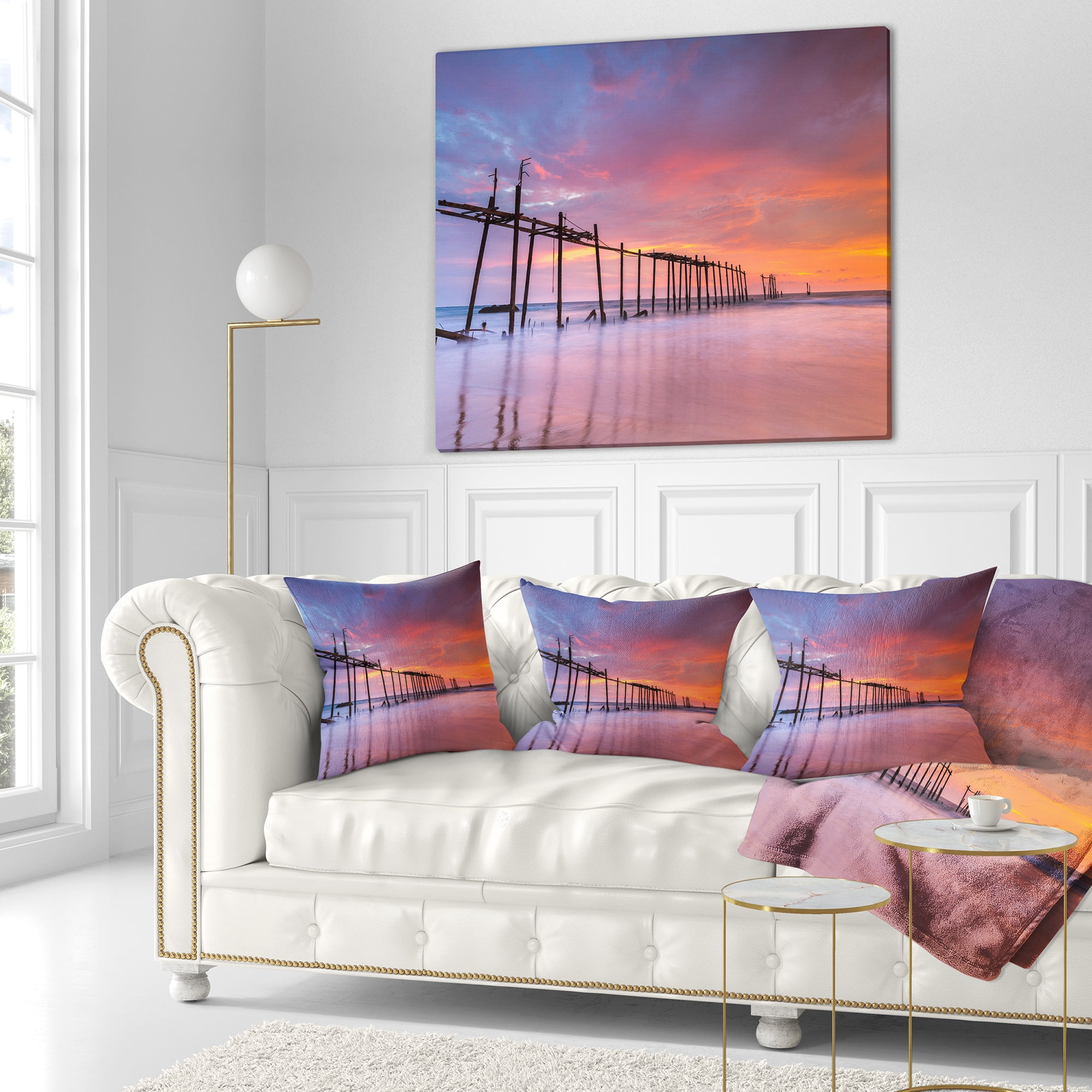 Designart Abandoned Wooden Pier at Sunset - Pier Seascape Throw Pillow - 18x18