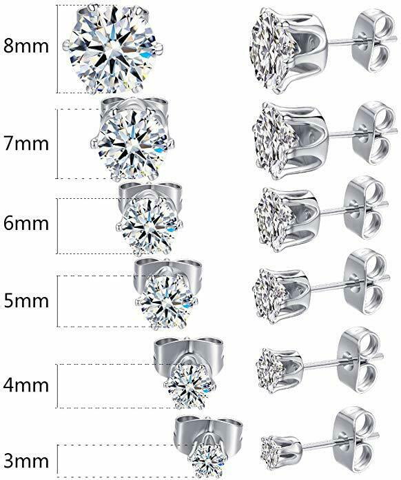 Thunaraz  4 Pairs Stainless Steel Round Stud Earrings for Men Women Ear Piercing Earrings Cubic Zirconia Inlaid,3-8mm Available 