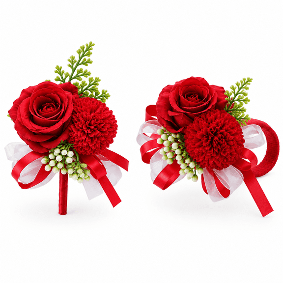 Red Boutonniere & Wrist Corsage Set, Artificial Silk Flower