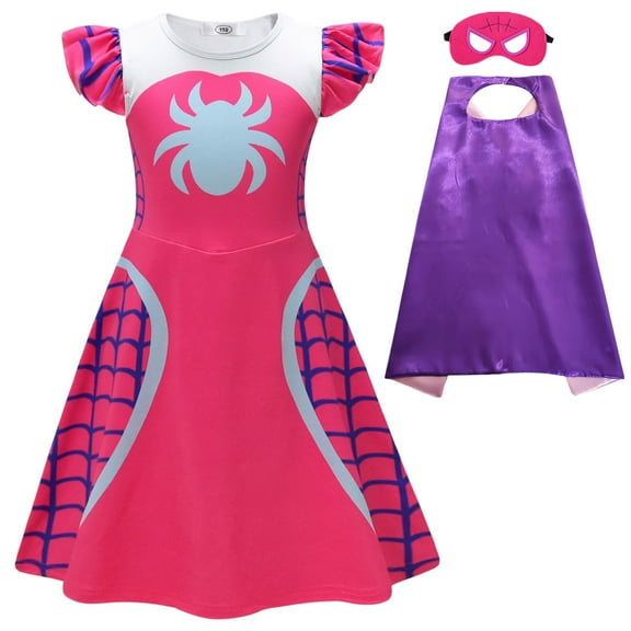 Girl Spider Costume with Mask Cape Halloween Superhero Cosplay Outfits Set for 5-6Y