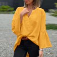thumbnail image 5 of Women's Plus Size Cotton Linen Tunic, Long Sleeve V Neck Blouse with Flare Sleeve, Solid Color Loose Fit Top for Spring Summer Beach Casual Wear and Vacation Outfits Yellow L, 5 of 7