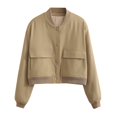 thumbnail image 1 of 2024 stand collar double pocket solid color motorcycle bomber jacket jacket jacket women 8BS9621, 1 of 7
