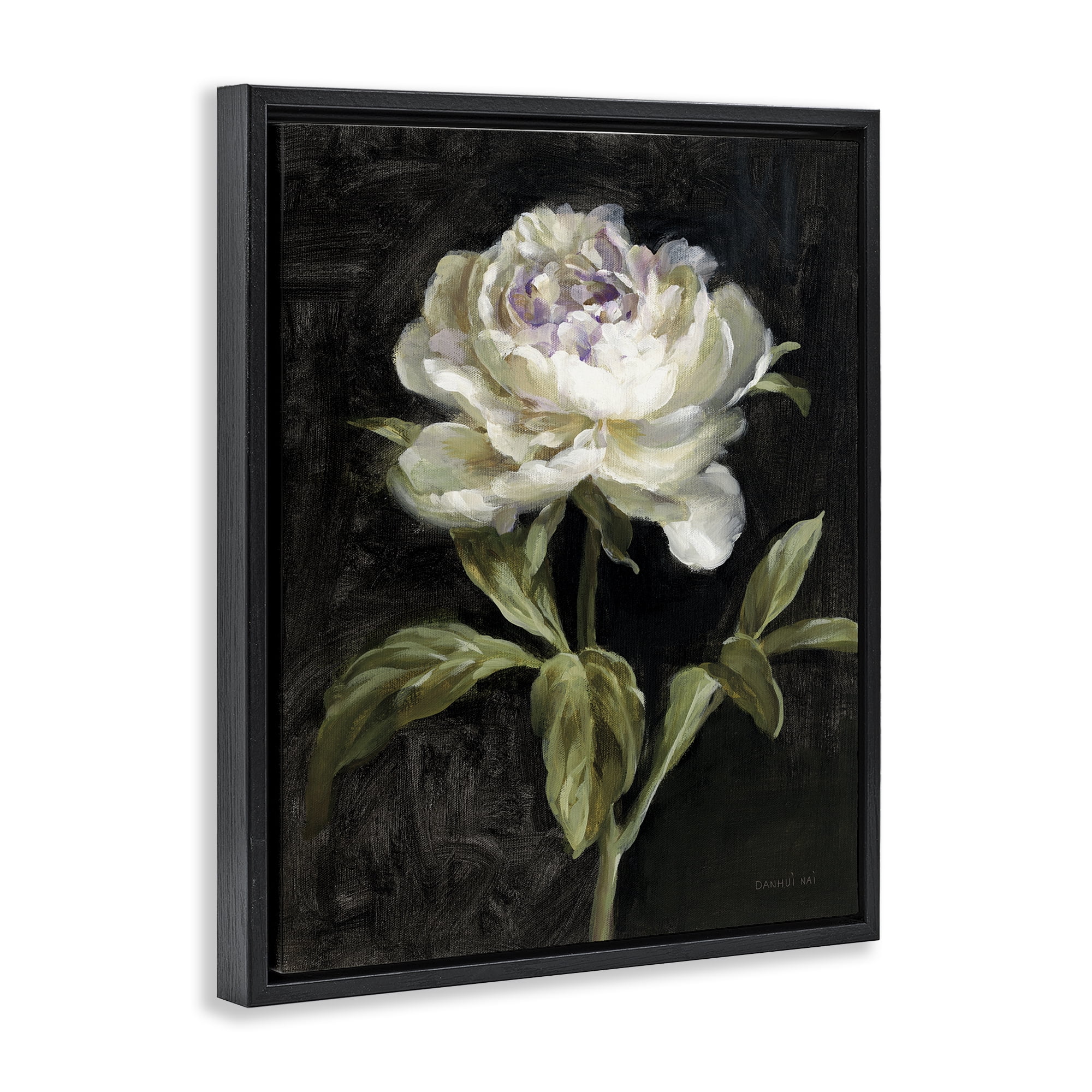 Stupell Industries Peony on Black Plants & Flowers Painting Black Floater Framed Canvas Art Print Wall Art, 25 x 31