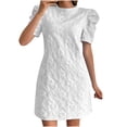 thumbnail image 2 of Lovzfmll Women's Sundress, Crew Neck Short Sleeve with Puff Sleeve & Texture, Casual Vacation Mini Dress White, M, 2 of 7
