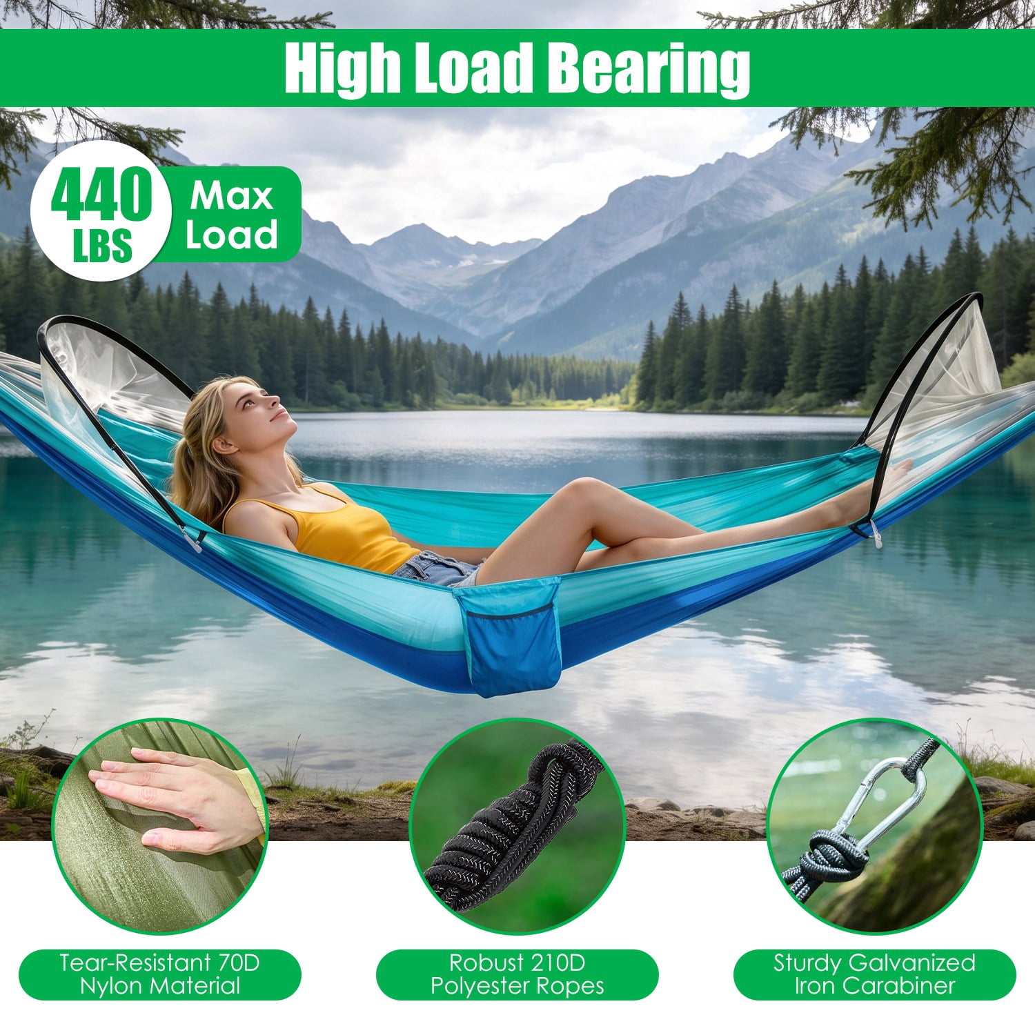 Lightweight Camping Hammock with Pop-Up Mosquito Net, 3-in-1 Portable Hammock Tent with Dual Zippers Side Pocket, 440lbs Load Capacity 70D Nylon for Outdoor Hiking Backpacking