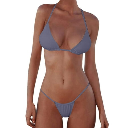 Gubotare Women Micro Bikini 2 Piece Swimsuit Mini Thong Set Bathing Suit Swimwear Gray L