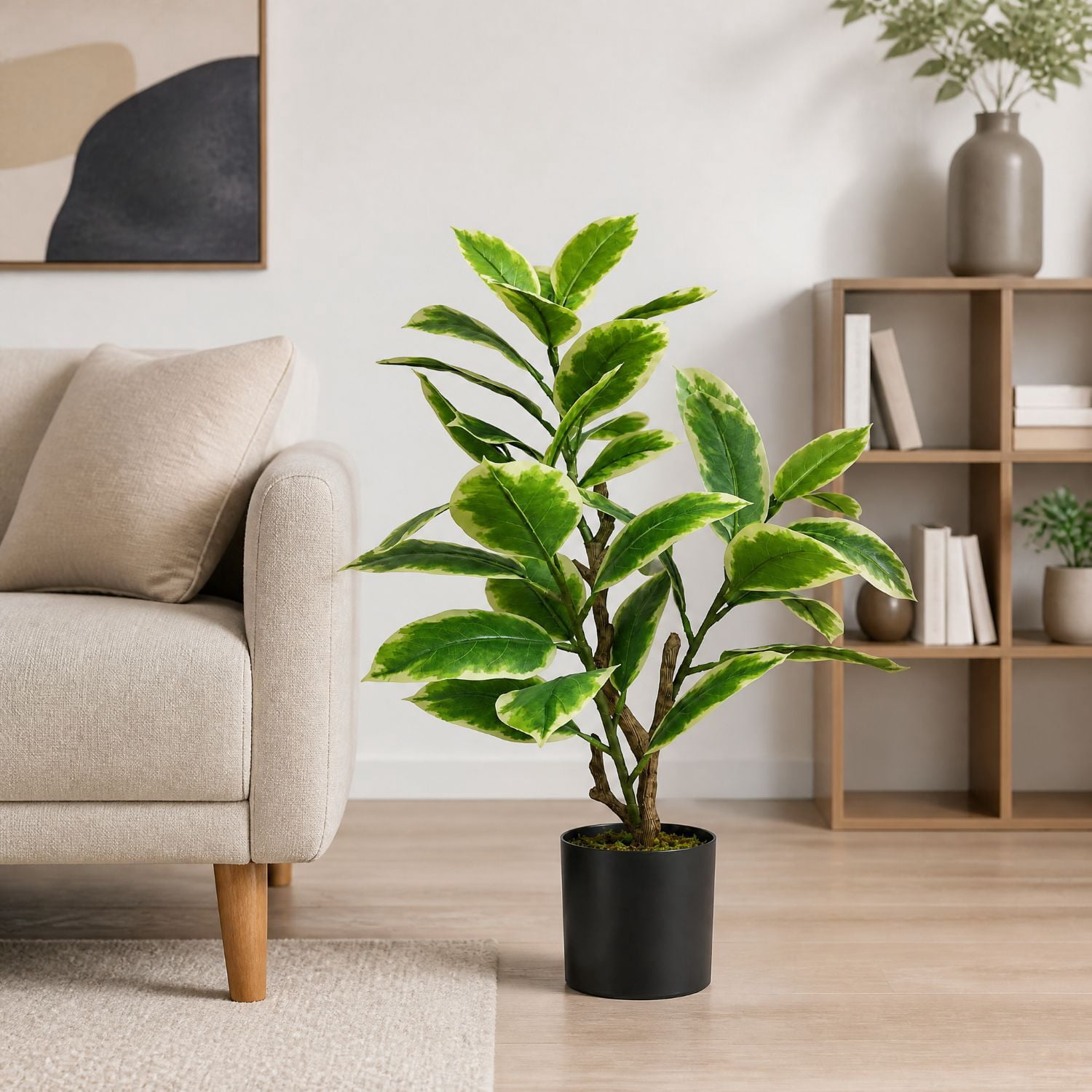 Easy4Home 3FT Artificial Variegated Rubber Plant Faux Ficus Elastica Tineke Tree Potted Indoor Floor Plant - Ready to Display